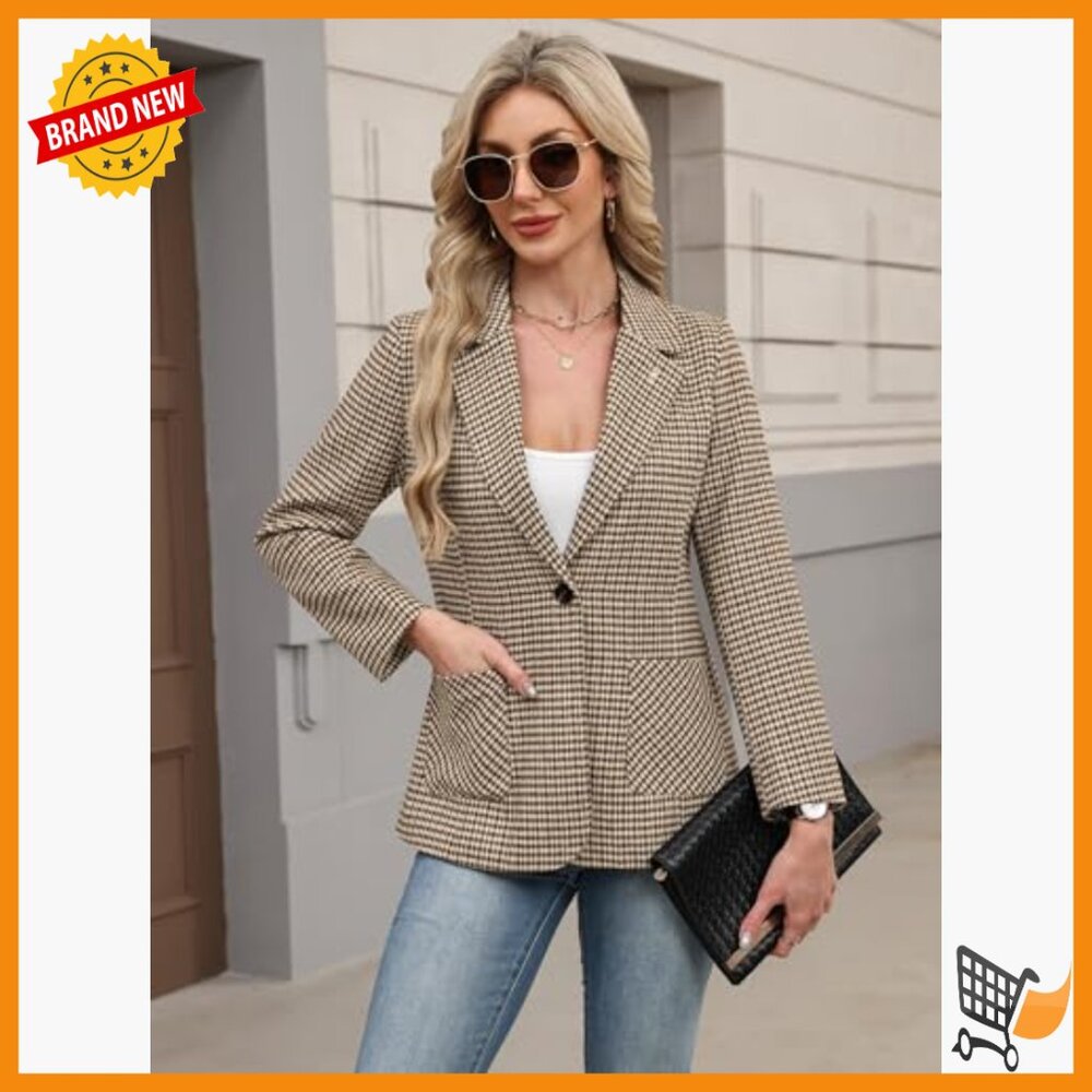 Women's Plaid Blazer Embroidered Collar Houndstooth Business Casual Jacket - Picture 5 of 7